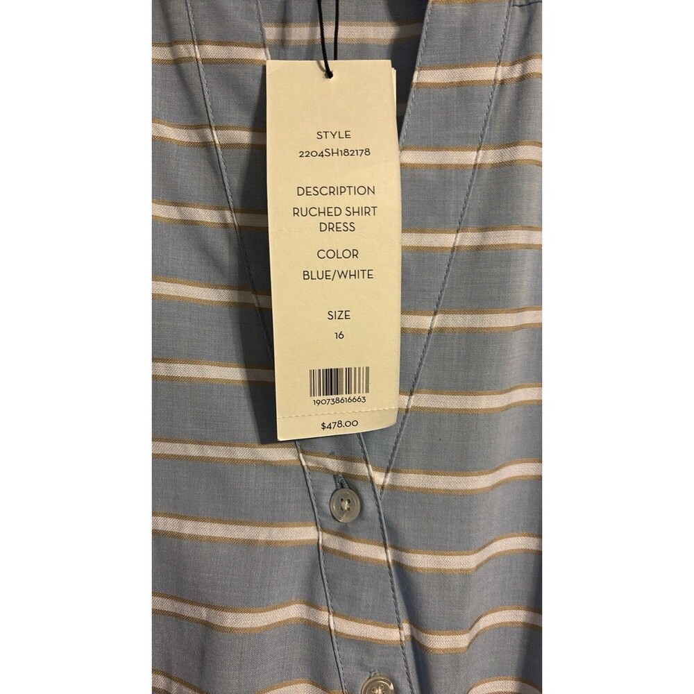 Veronica Beard Ruched Shirt Dress Blue and White Stripe Size 16 - Picture 4 of 13